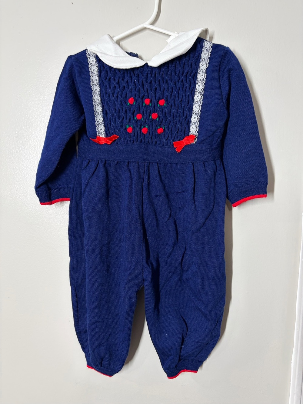 Vintage Navy Knit Baby One-Piece with White Collar size 24 months